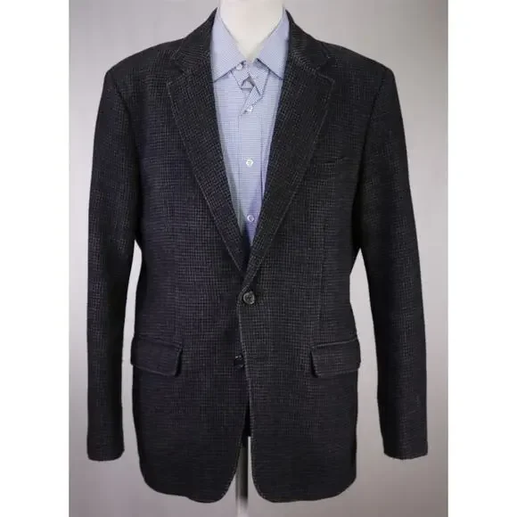 LL Bean Gray Black Gingham Check Knit Woven Blazer Jacket 42R